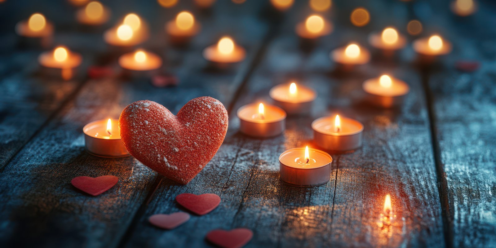 Candles and hearts create a romantic atmosphere for a special celebration in the evening